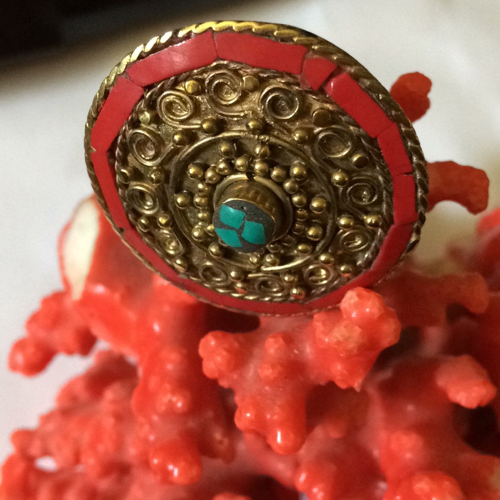 Vintage boho coral turquoise brass ring